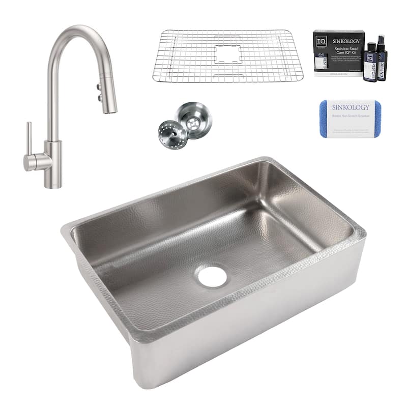 Lange Crafted Stainless Steel 32" Single Bowl Farmhouse Apron Front Undermount Kitchen Sink with Stainless Faucet Kit
