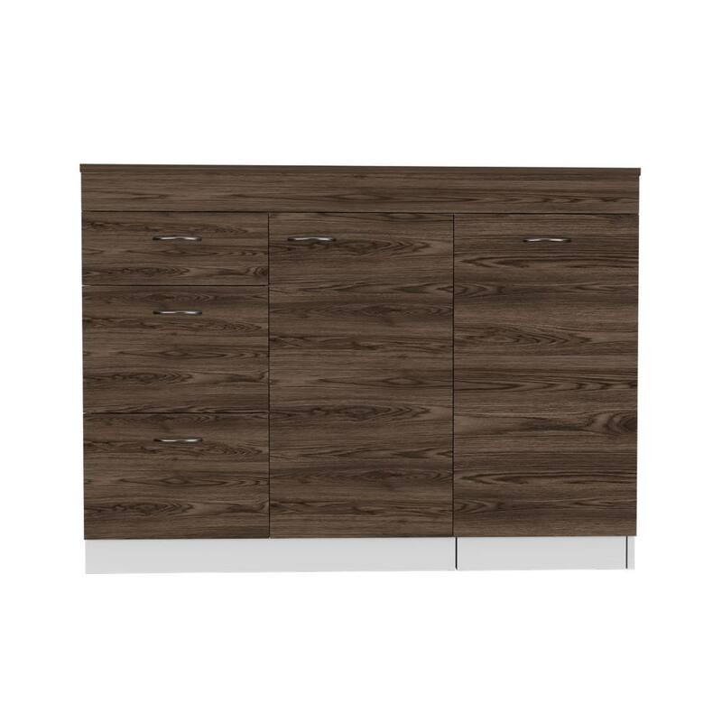 White & Dark Walnut Kitchen Base Cabinet with 3 Drawers, 2 Shelves & Expandable Top Surface