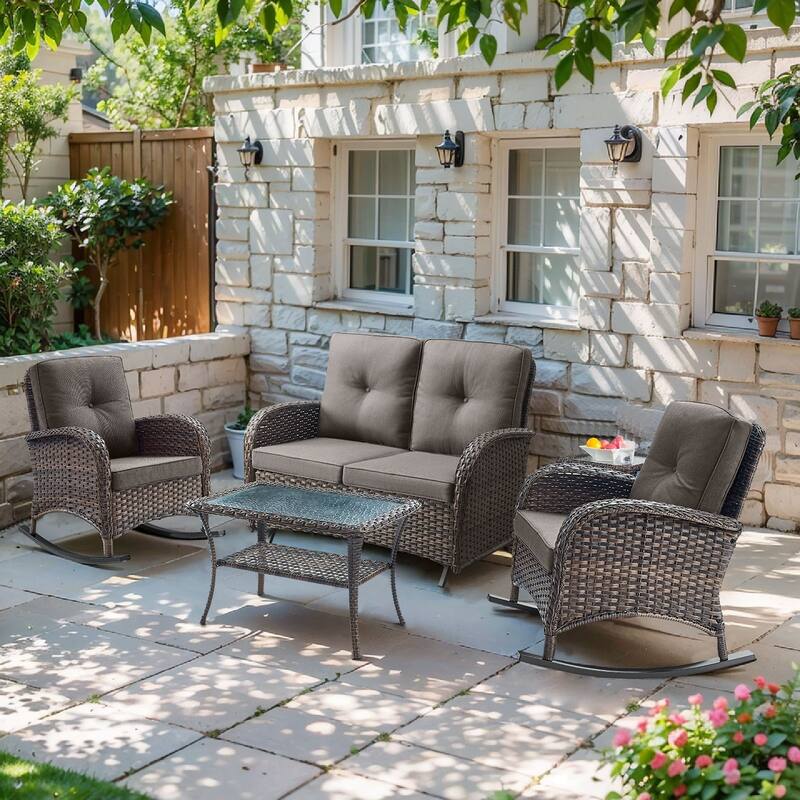 Pocassy 5 Pieces Glider Sofa with Rocker Chairs Ottomans - Brown Wicker - Gray cushion