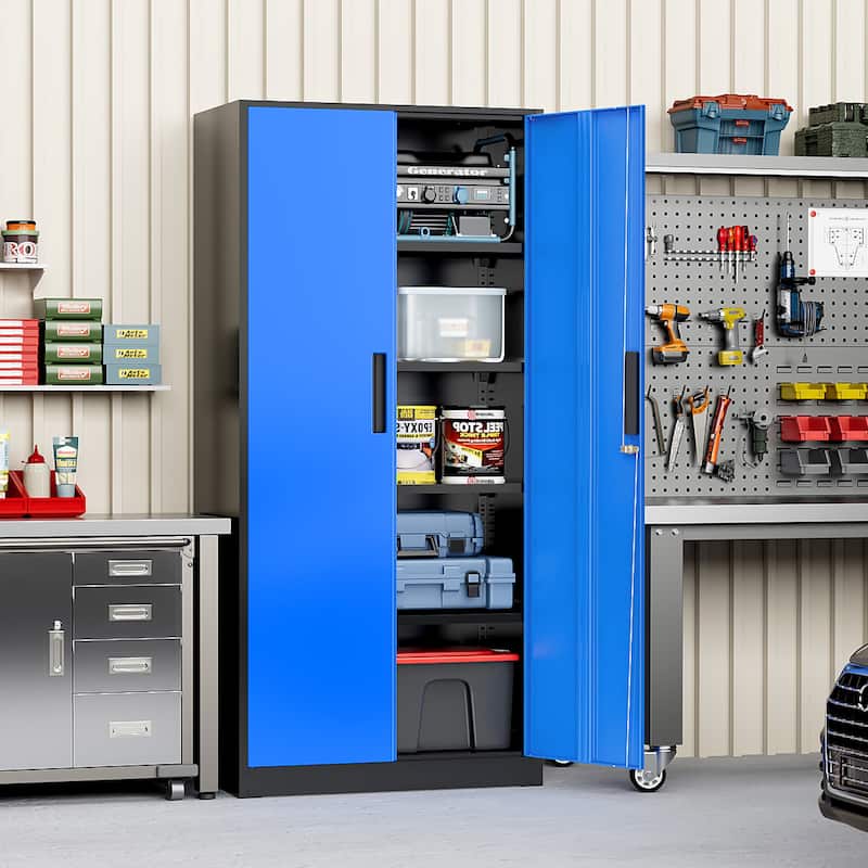 71 inch Garage Storage Cabinet Shelving Kitchen Pantry Locker with Adjustable Shelves for Office, Garage, Home, Pantry - Black Blue