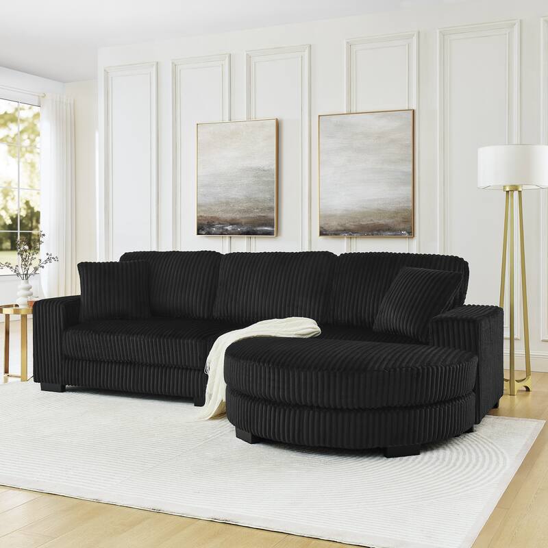 Corduroy Tufted Upholstered Sofa, L-Shaped Modular Sectional Sofa, Convertible Sleeper Sofa with Curved Ottoman