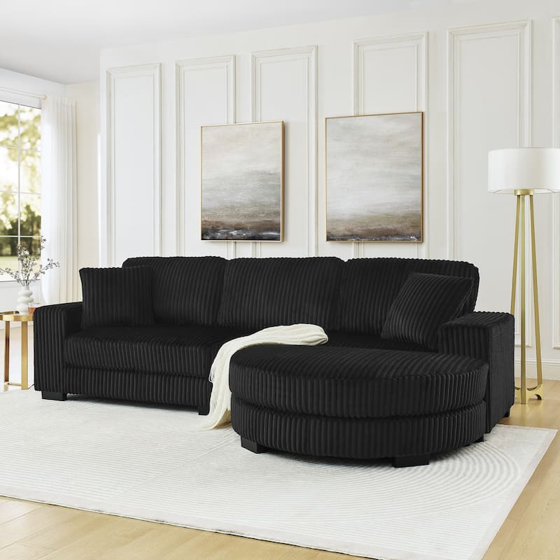 Roomfitters Corduroy Tufted Upholstered Sleeper Sectional Sofa, L-Shape Modular Convertible Sofa with Arc Footstool