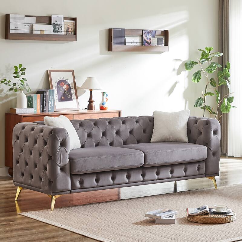 Velvet Upholstered 3 Seater Sofa, Chesterfield Tufted Button Sofa, Lounge Sofa Chair with 2 Pillows & Metal Legs