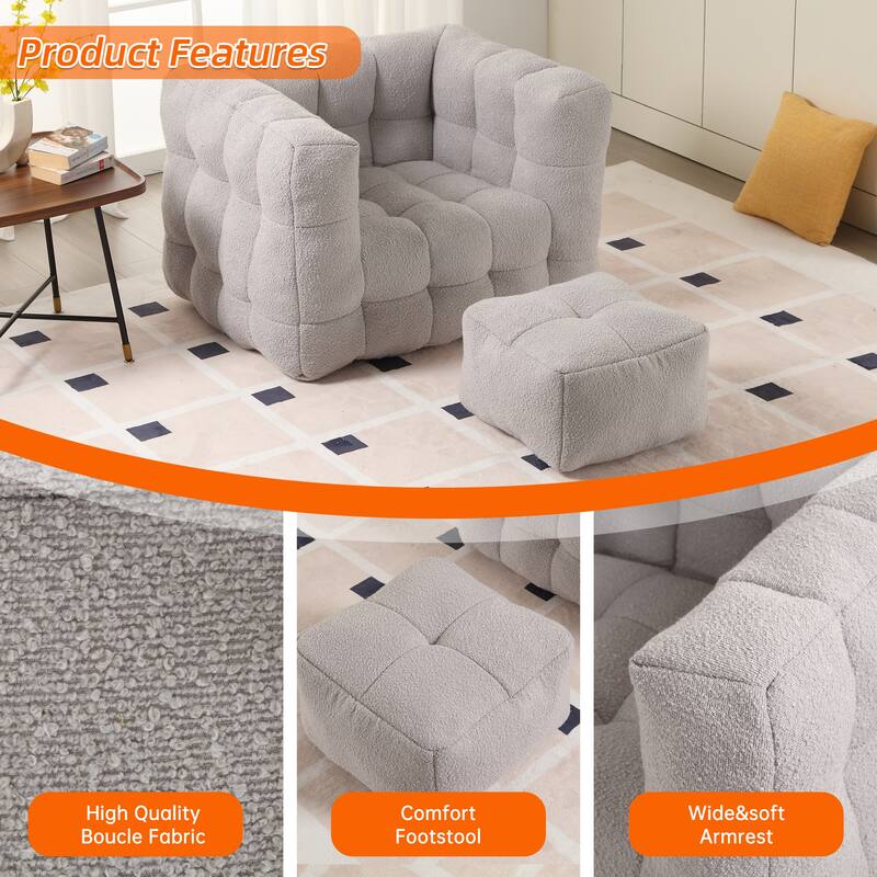 Boucle Upholstered Tufted Modern Non-installation Bean Bag Sofa Chair with Ottoman for Living Room