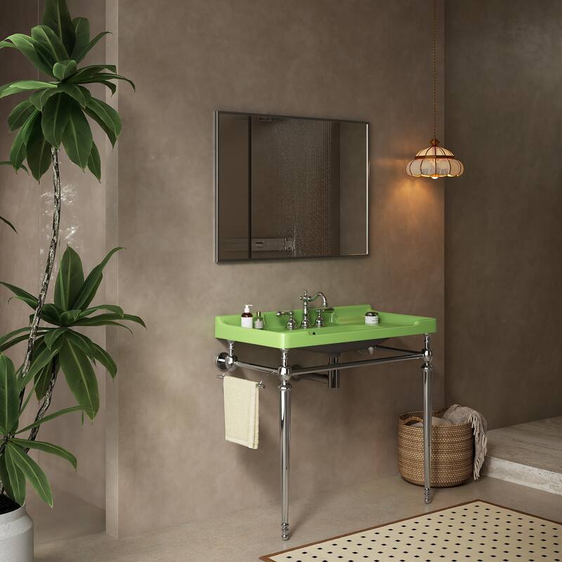 Bathroom Console Sink, Wall-Mounted Black Ceramic Vanity Basin with Pre-drilled Faucet Holes