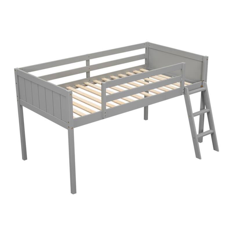 Solid Wood Low Loft Bed with Ladder and Fence Baffle, and Wood Slats Support for Bedroom