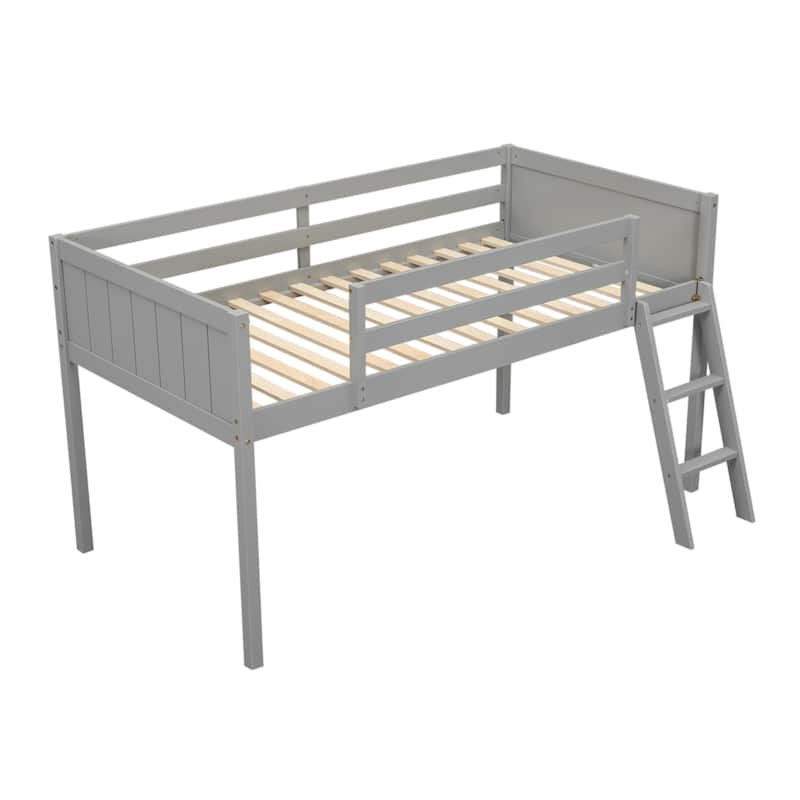 Twin Size Loft Bed with Ladder, Pine Wood Frame, Convertible Ladder Placement, Guardrails, and No Box Spring Required