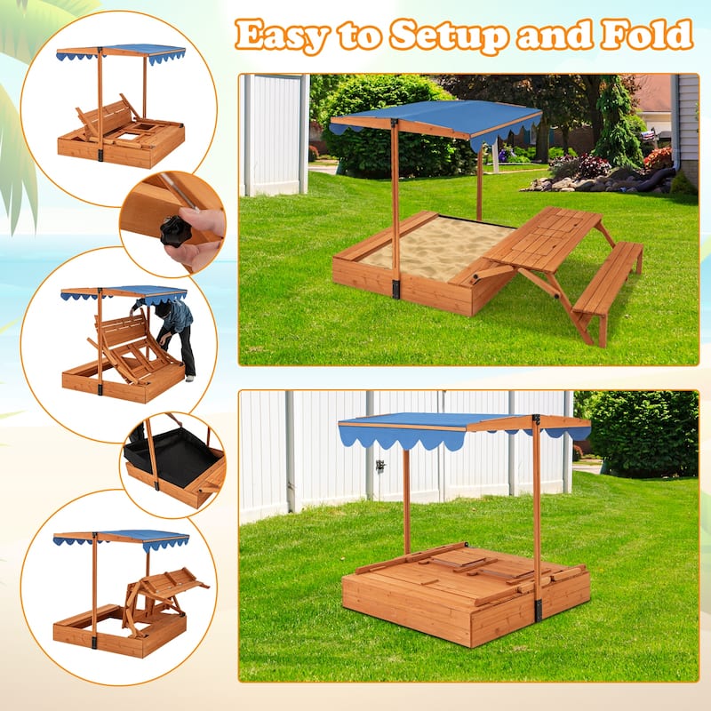 3-in-1 Wooden Sandbox with Canopy Table Bench and Storage Bins Outdoor Playset for Kids - 81" x 49" x 51"