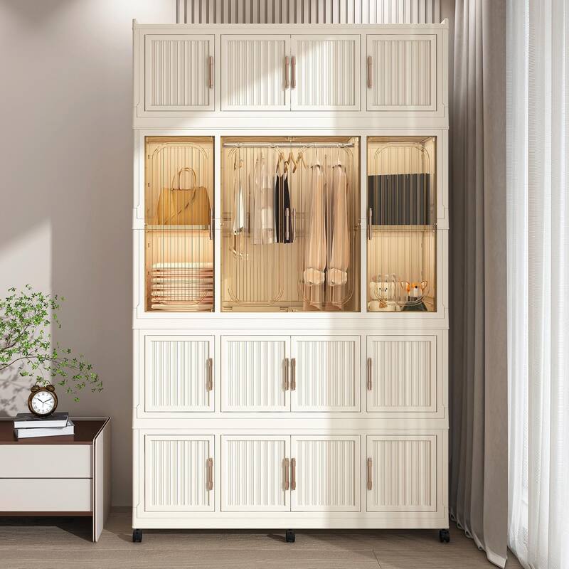 Portable Wardrobe Closet Storage Organizer - 17 Magnetic Doors, 17 Cubes & 1 Hanging Rod, Includes 6 Hangers