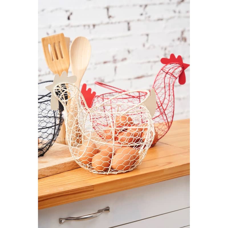 11.5 Antique White Farmhouse Vintage Chicken Egg Wire Basket with Handle for Kitchen Living Room Home Decor Storage Collecting