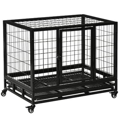 PawHut 36" Heavy Duty Dog Crate, Indestructible Dog Cage Kennel with Removable Tray, Lockable Wheels and Double Door, Black