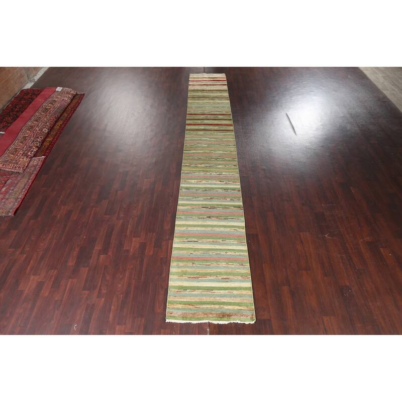 Green Striped Gabbeh Kashkoli Oriental Wool Runner Rug Hand-knotted - 2'8" x 17'9"