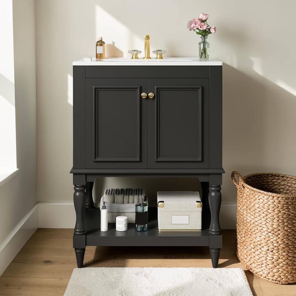24 Inch Bathroom Vanity with Ceramic Sink, Modern Luxury Storage Cabinet with Open Shelf and Closed Door Storage
