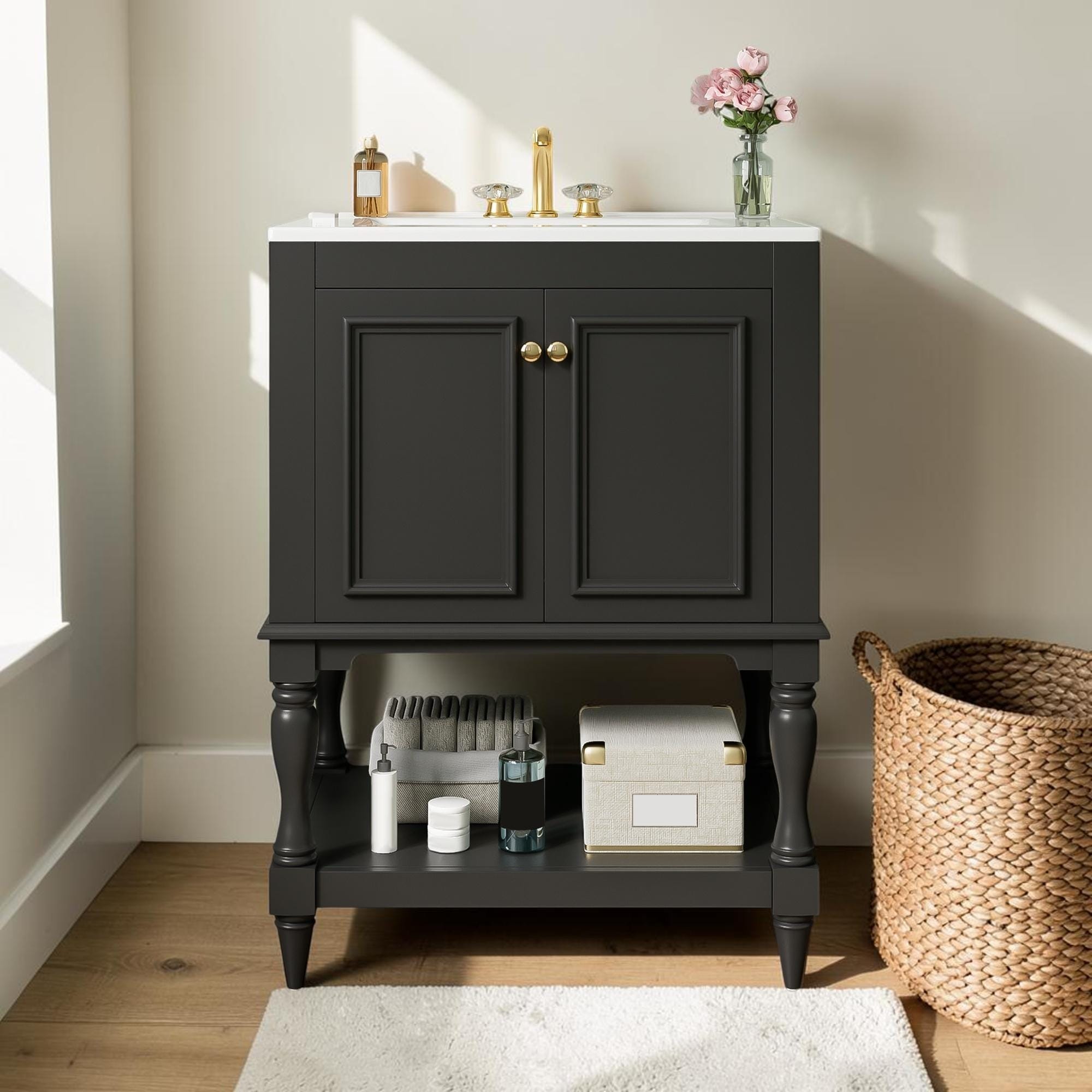 24 Inch Bathroom Vanity with Ceramic Sink, Modern Luxury Storage Cabinet with Open Shelf and Closed Door Storage