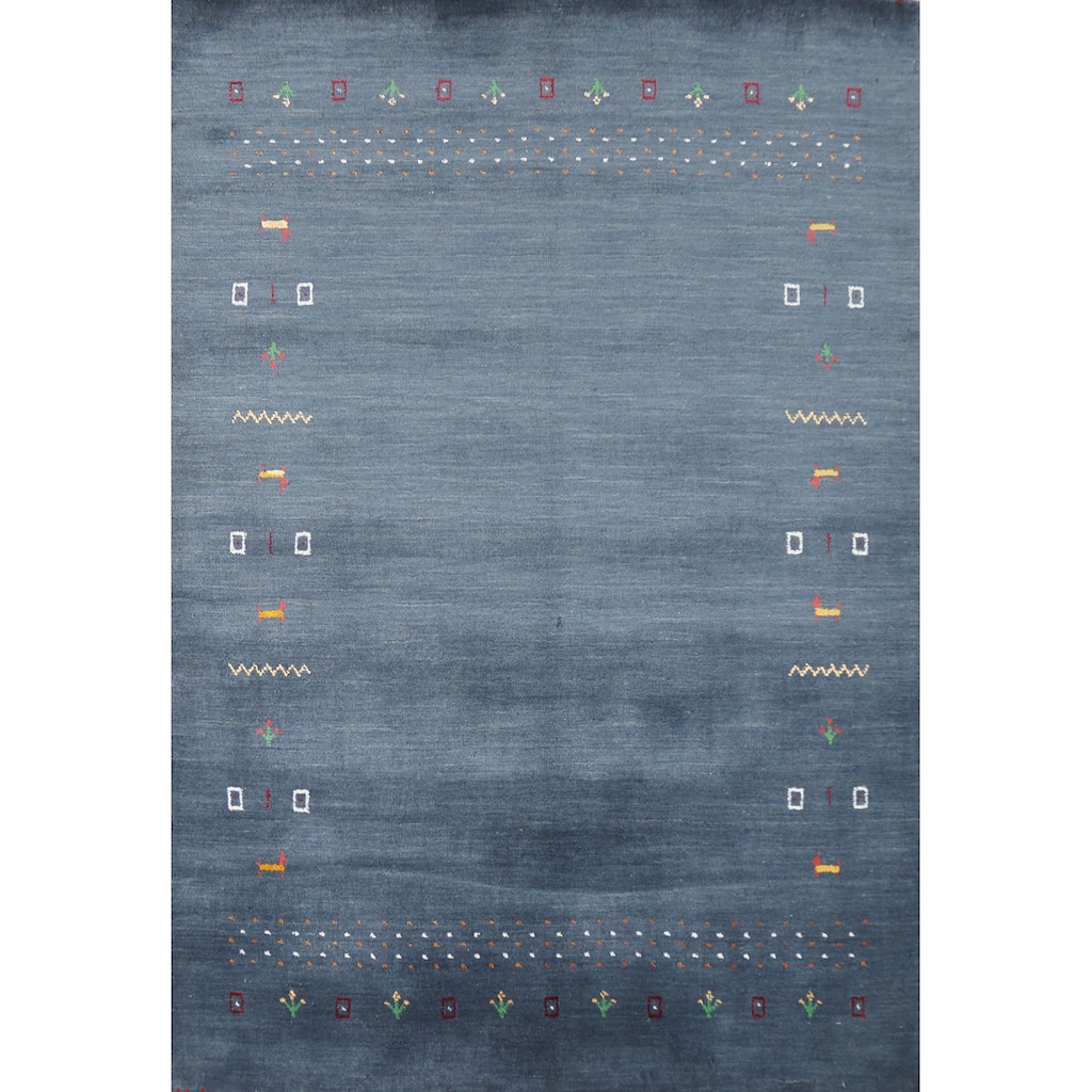 Blue Tribal Gabbeh Indian Accent Rug Hand-Knotted Wool Carpet - 4'1" x 5'10"