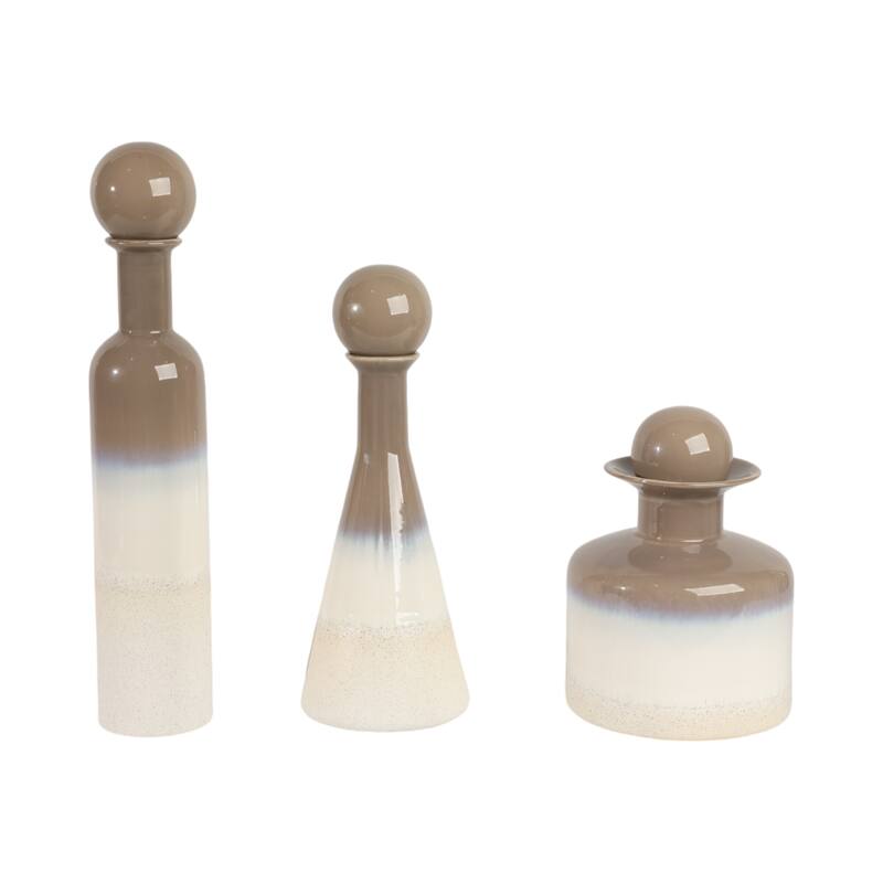 Elegant Glazed Ceramic Decorative Vase for Home Decor - Flower Vases with Modern Shapes - Set of 3, 21", Ivory