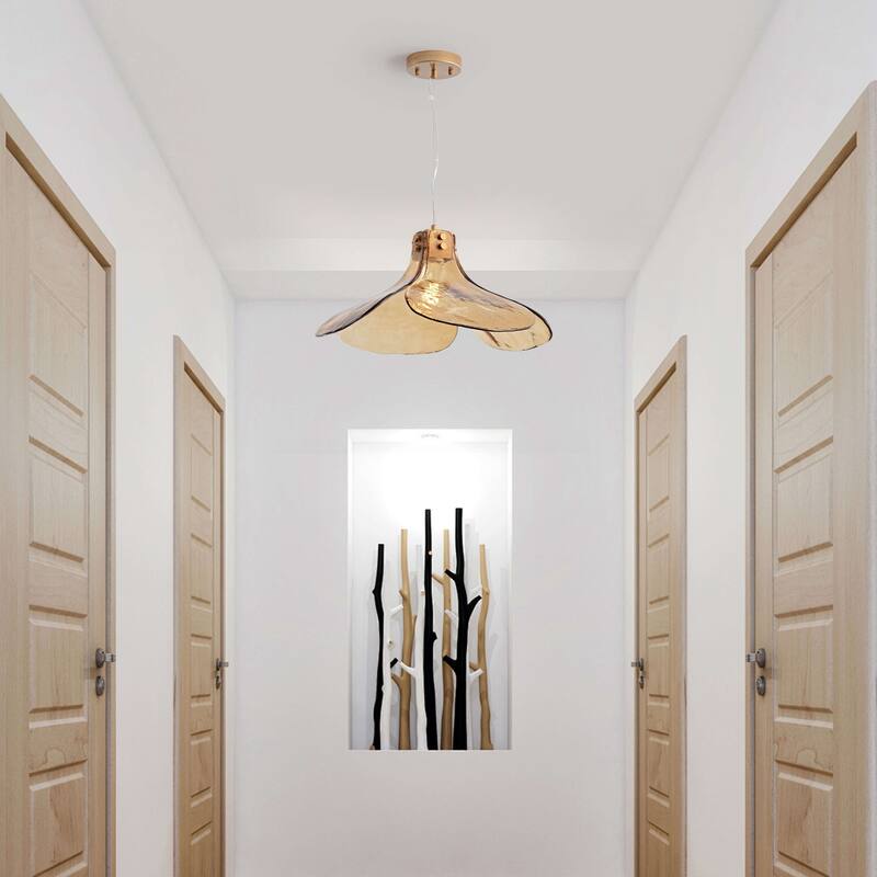 Mavis Single Light Four-leaf Amber Glass Pendant Light Chandelier. - Brushed Brass.