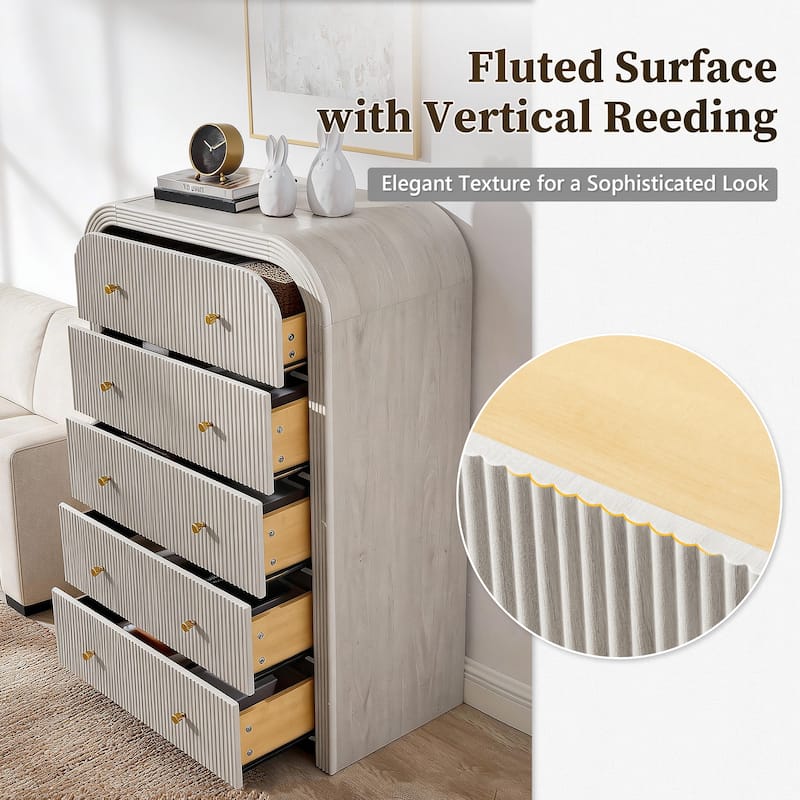 Modern Fluted 5 Drawers Dresser, Wood Chest of Drawers for Bedroom