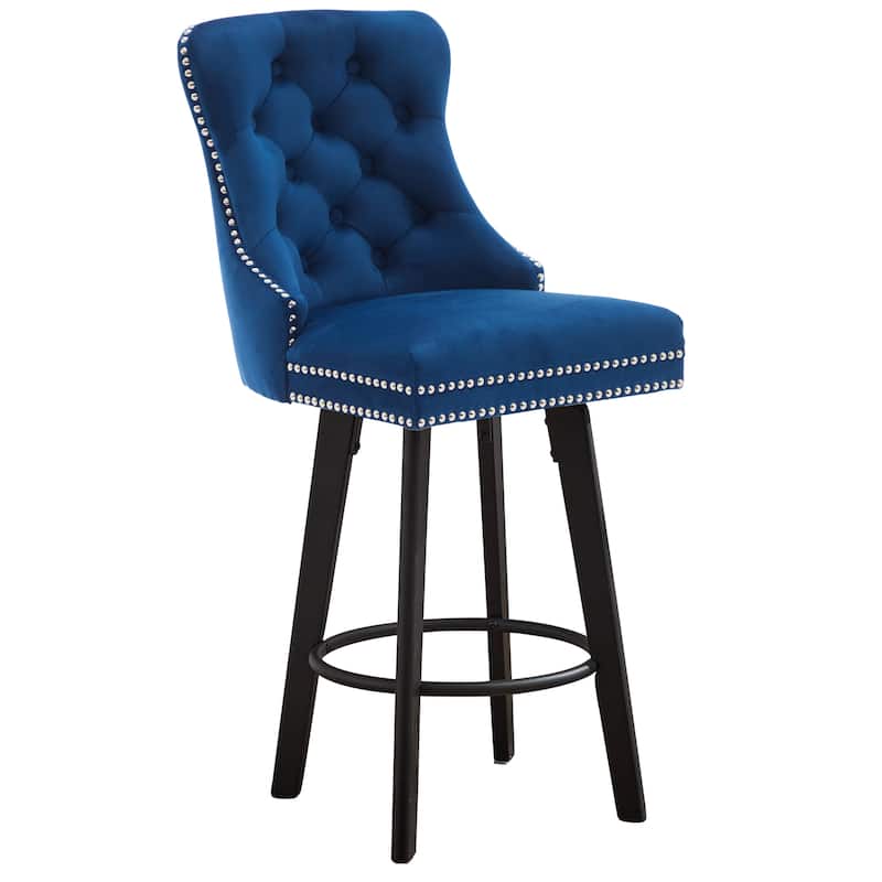 Modern Swivel Bar Stools, Navy Blue Velvet with Button Tufting & Rivet Trim, Large Backrest & Footrest, Set of 2