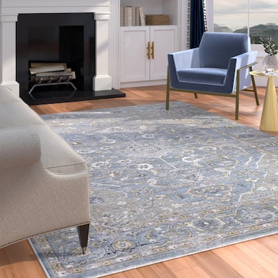 Light Blue and Multi-color Viscose Area Rug 8x10, Woven from Silky Viscose, Low Pile Height is Perfect for High Traffic Areas