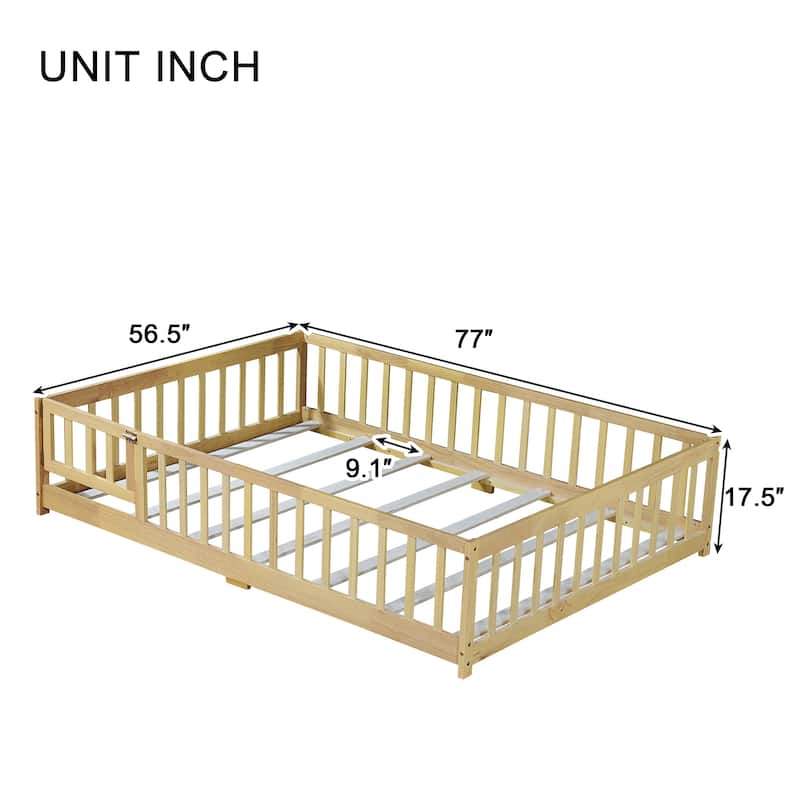 Full Size Floor Bed with Fence and Door,Rubber Wood Floor Bed with Safety Guardrails