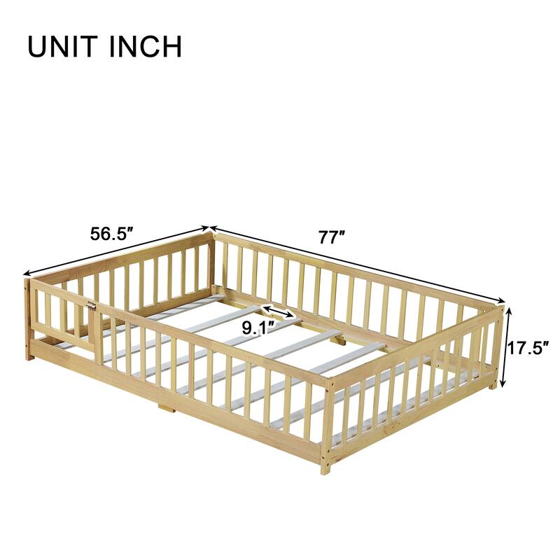 Full Size Rubber Wood Floor Bed with Fence, Door and Safety Guardrails for Kids