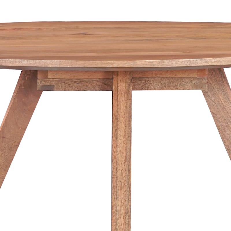 Temi Dining Table 47" Round Top Handmade Natural Brown Mango Wood Angled Four Legged Base