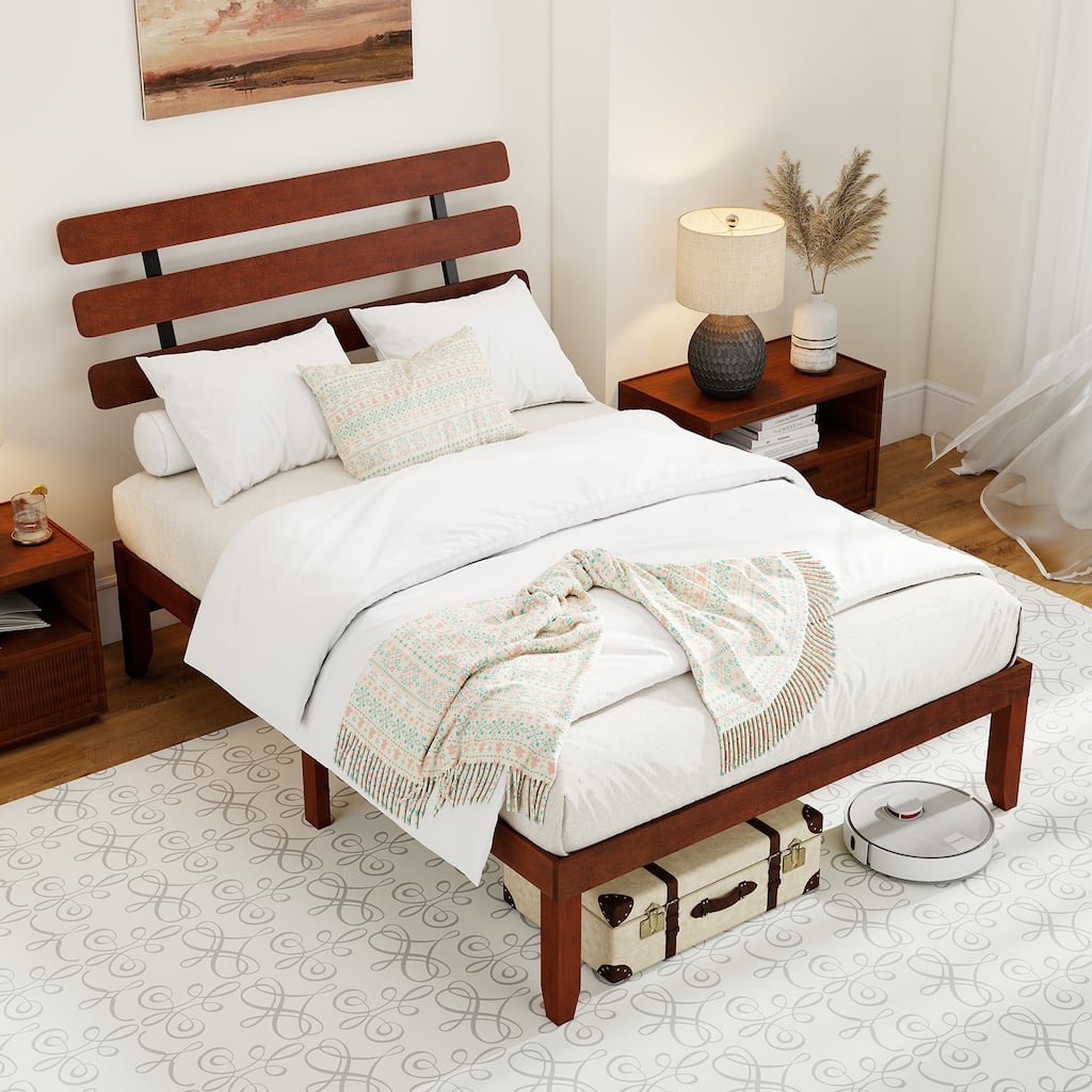 Walnut Solid Rubber Wood Platform Bed with Retro Headboard and Slatted Mattress Base - Multi
