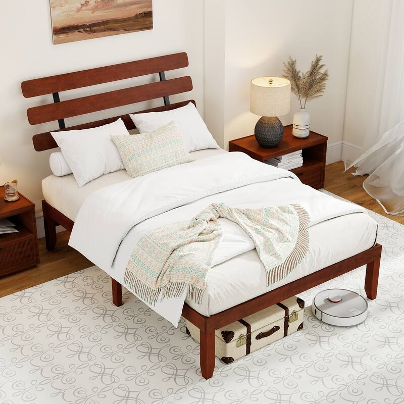 Walnut Solid Rubber Wood Platform Bed with Retro Headboard and Slatted Mattress Base - Multi