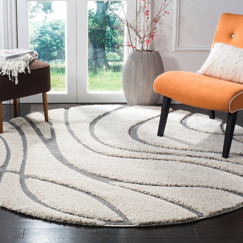 SAFAVIEH Florida Shag Sigtraud Abstract Waves 1.2-inch Thick Rug - 6'7" Round - Cream/Grey - Round