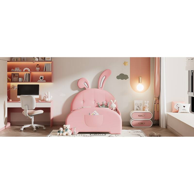 Twin size Upholstered Bed with Rabbit-Shape Headboard and Footboard