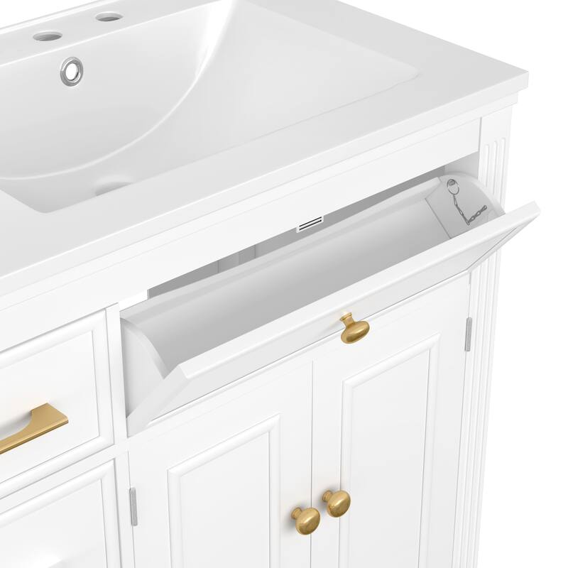 Roomfitters Bathroom Vanity with Sink, Ceramic Basin with One Tip-out Drawer, Three Side Drawers and Adjustable Shelf
