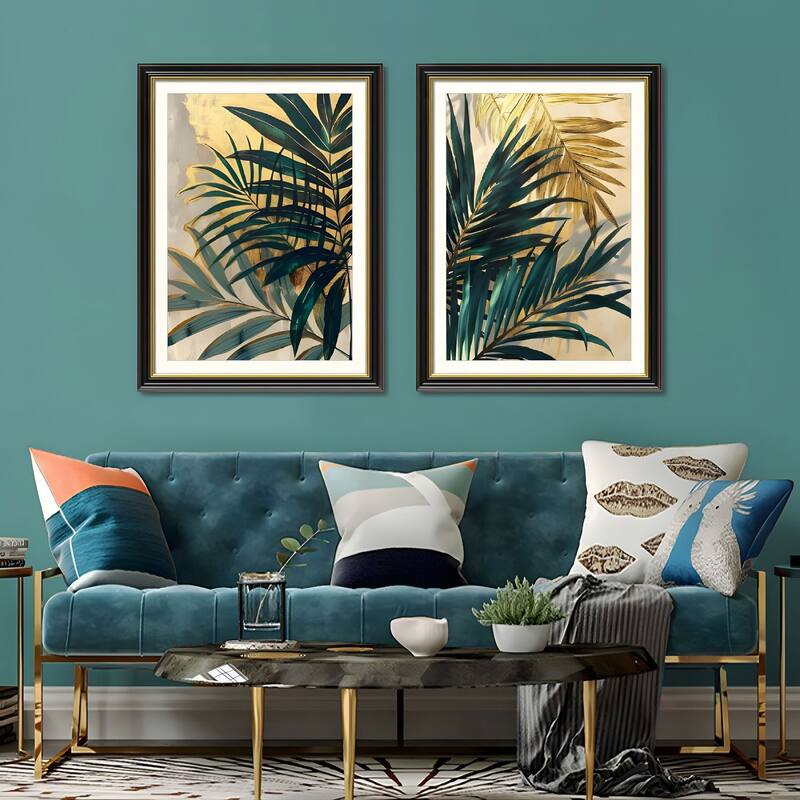 Set of 2 Tropical Palm Leaf Framed Wall Art - Replaceable Canvas Prints with Solid Wood Picture Frames, Modern Botanical