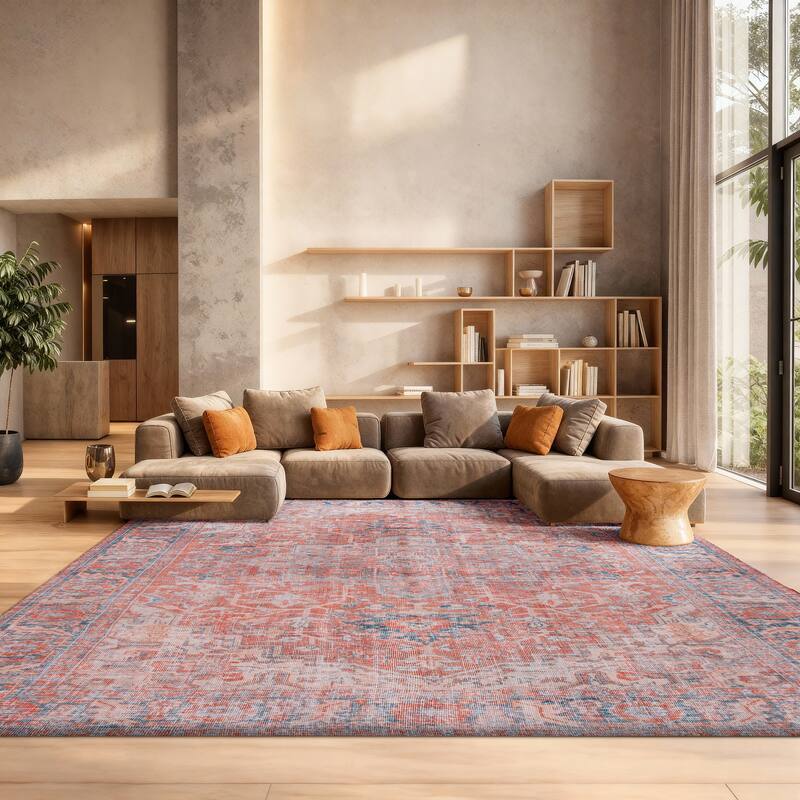 SAFAVIEH Tucson Machine Washable Slip Resistant Reba Traditional Rug - 9' x 12' - Rust/Navy