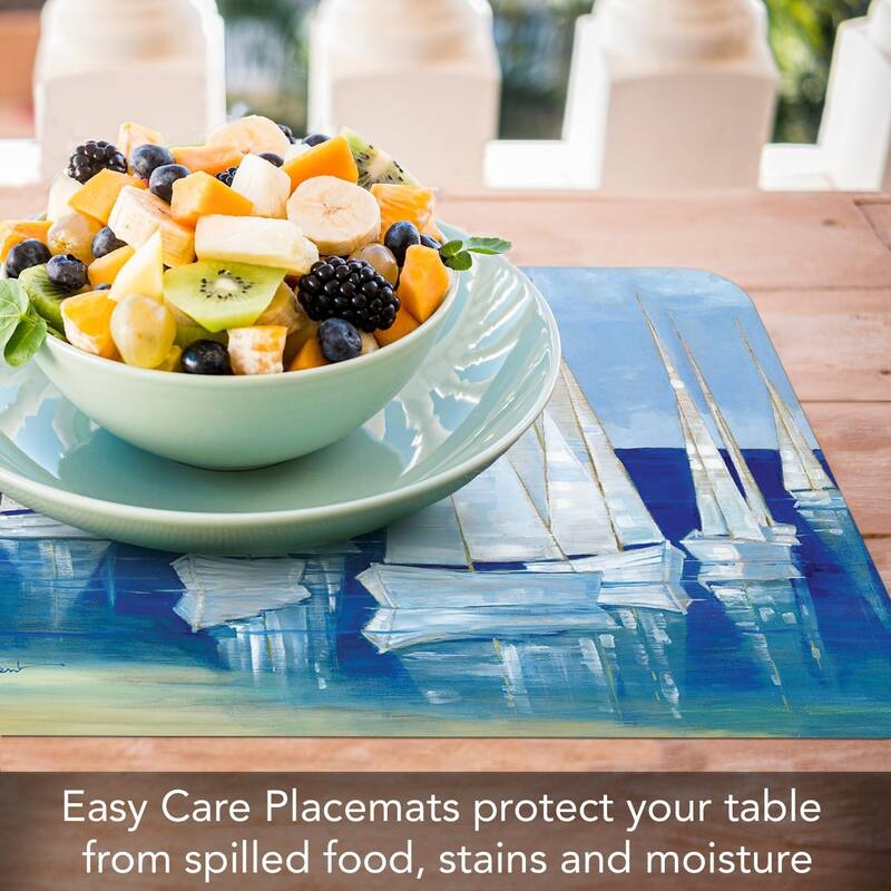 Blanco Beach Sailboats 4 Pack Reversible Easy Care Flexible Plastic Placemats Made in The USA BPA Free Easily Wipes Clean