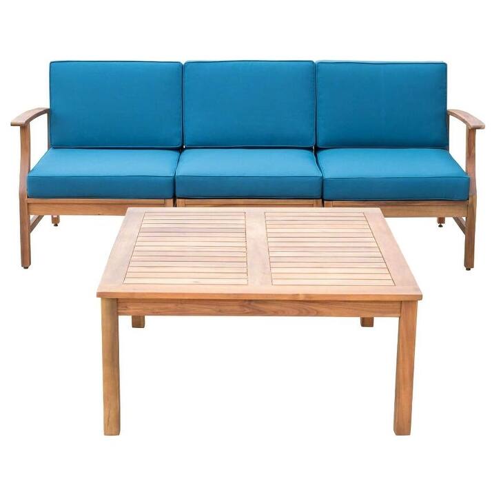 Outdoor 3-Seater Acacia Wood Sofa Set with Coffee Table and Water-Resistant Cushions, Removable Covers Included - Blue