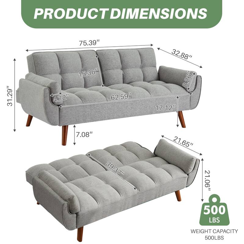 75.39" Futon Sofa Bed, Convertible Folding Futon Couch Recliner Lounge For Living Room With 2 Pillow/Armrest