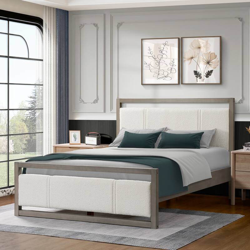 Queen Bed with Ivory Boucle Fabric Headboard