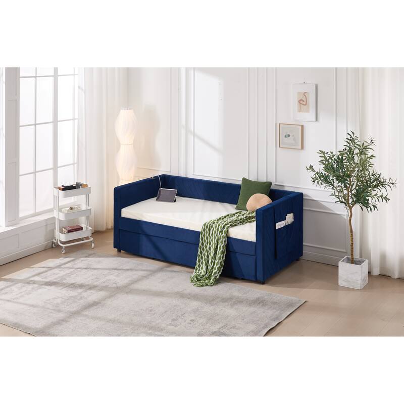 Twin Size Velvet Daybed with Trundle, USB Charging Port & Side Pockets, Modern Upholstered Sofa Bed with V-Pattern Backrest
