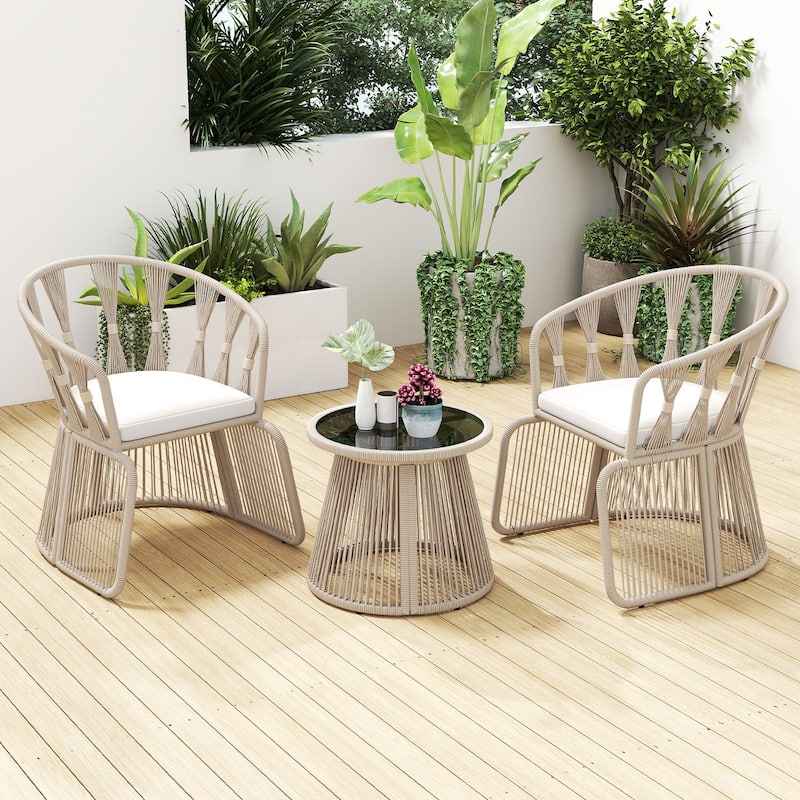 3 Piece Beige Rope Woven Metal Patio Bistro Set with Off White Cushions and Table - Chair: 27.5" x 25.5" x 31" (L x W x H)