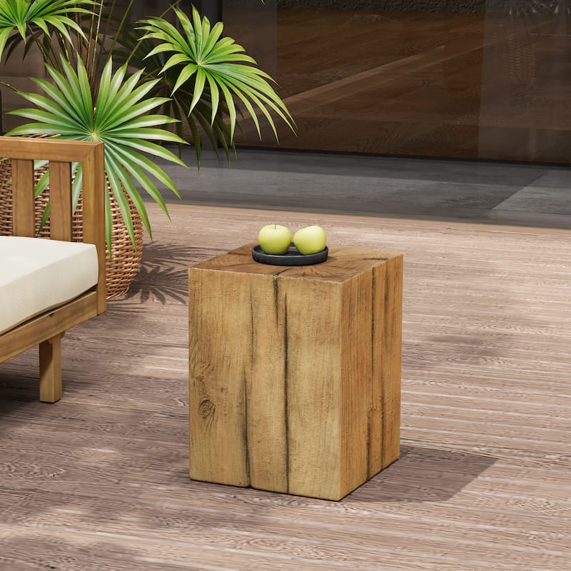 Distressed Wood-Effect End Table • Square Column Design in Multi-Height Set • Weather-Resistant for Indoor & Outdoor Decor - Natural - Small Size
