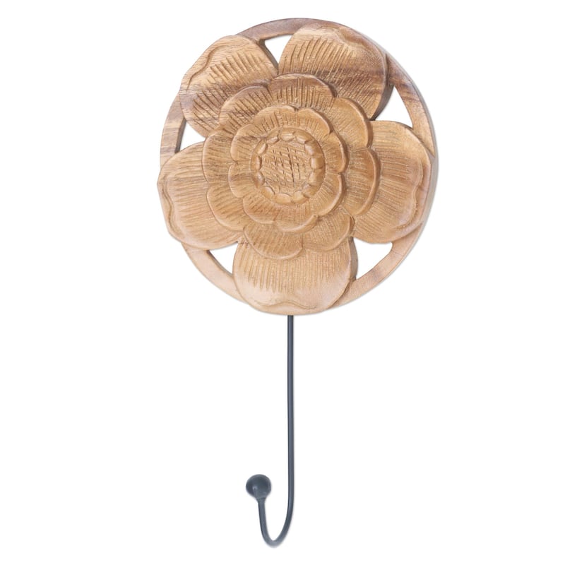NOVICA Handmade Lotus Bloom Wood Wall Hook - 10.25" H x 6" W x 2" D