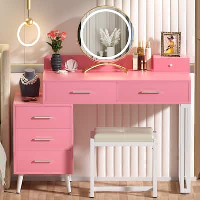 Makeup Vanity Desk with Stool and LED Mirror, Modern Makeup Table Vanity Desk with 6 Storage Drawers