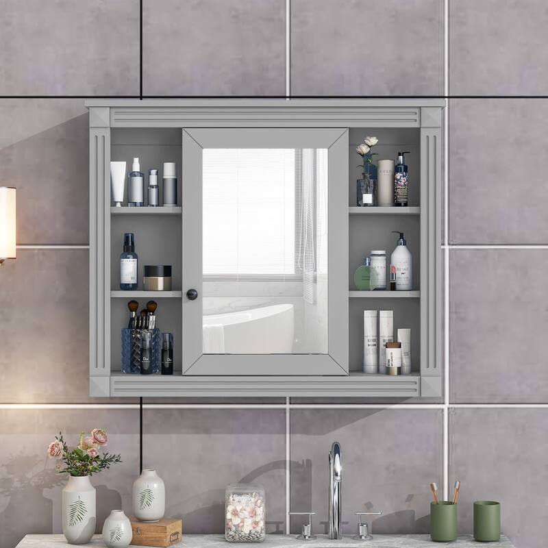 GDFStudio - Barrister Modern Wall-Mounted Bathroom Storage Cabinet with Mirror and Open Shelves (No Bathroom Vanity) - 35"W - Grey