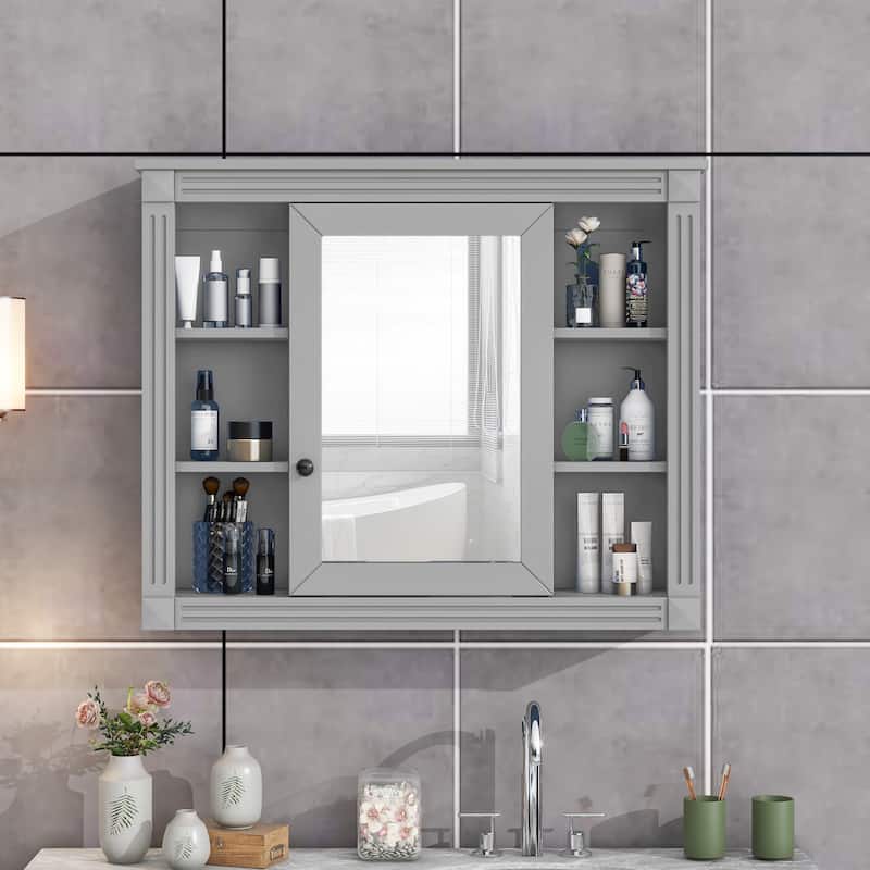 Lines Groove Design Medicine Cabinet Storage Wall Cabinet with High Definition Mirror, 6 Open Shelves and Adjustable Shelf - Grey
