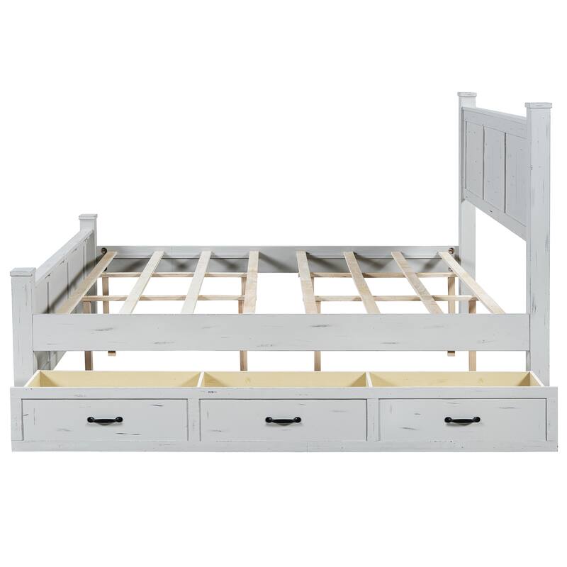 White Distressed Platform Bed Frame Wood Panel Bed w/ 3 Storage Drawers
