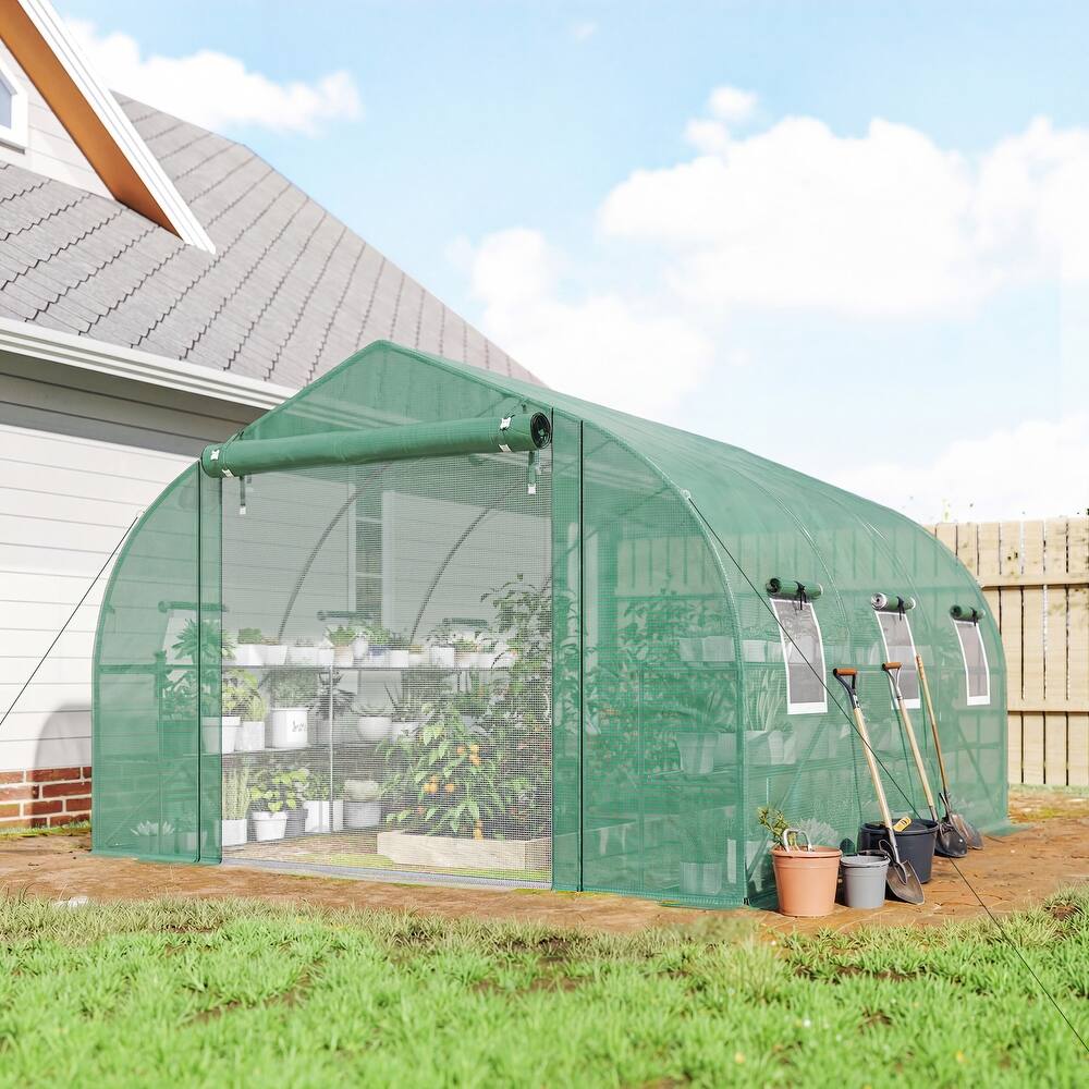 Outsunny 10'x11'x6' Walk-in Tunnel Greenhouse with Shelves, Mesh Door and Windows, Plant Hot House with PE Cover
