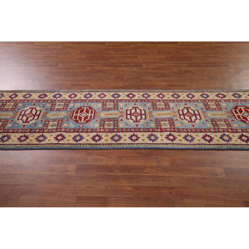 Light Blue Kazak Runner Rug Handmade Wool Carpet - 2'7" x 20'7"