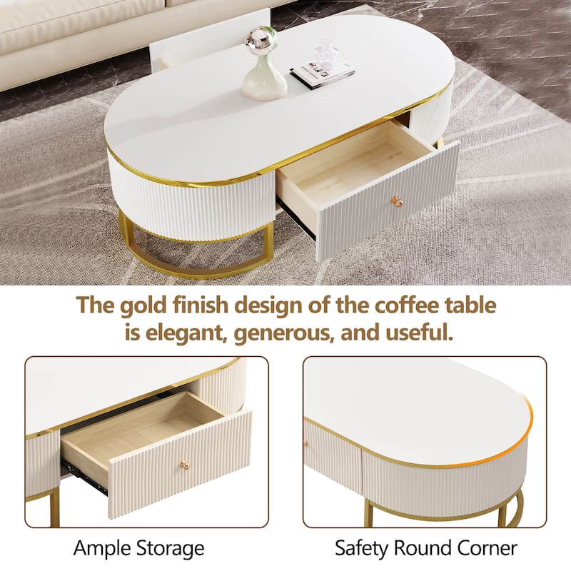 47.2" Modern Coffee Table with Gold Metal Decor and Integrated Drawers