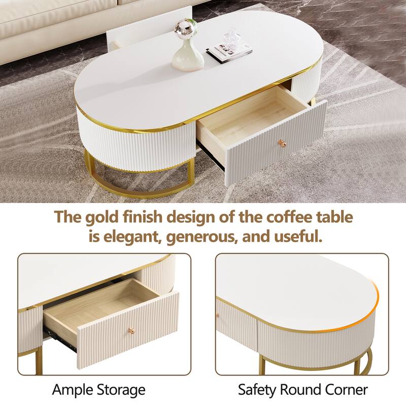 Roomfitters Modern Oval Coffee Table with Storage, Gold Metal Base, Curved Profile Design, White Center Table 47.2"
